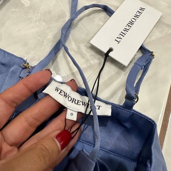 NWT WeWoreWhat Revolve Blue Slate Periwinkle Satin Midi Cowl Neck Dress Size 0 - Picture 11 of 12